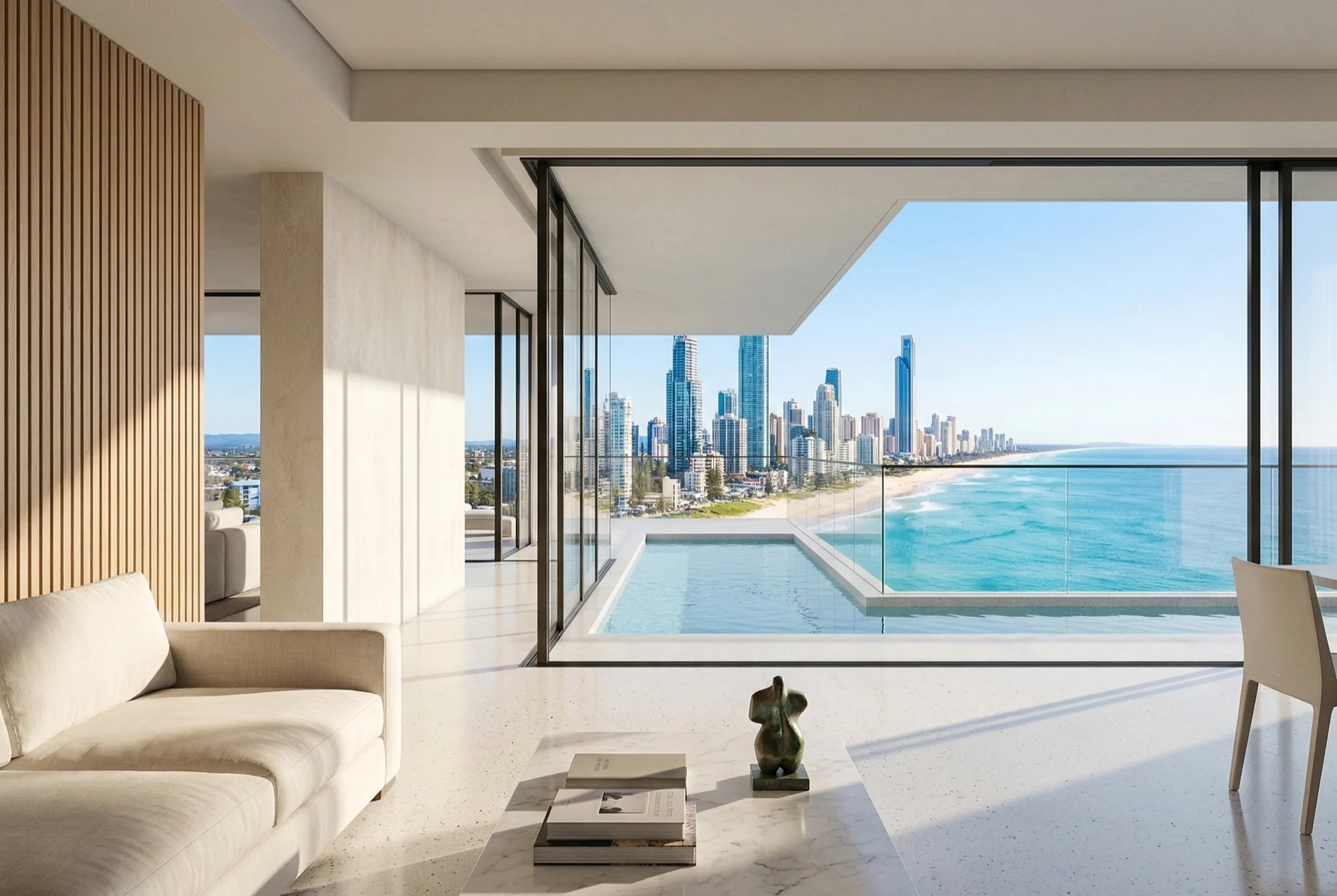 Illustrative living room opening towards the Gold Coast skyline and ocean