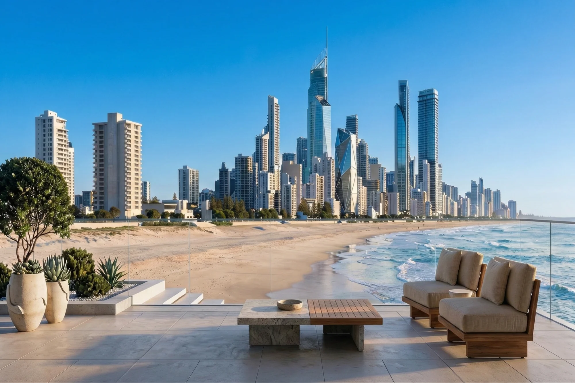 Beachfront setting with the Surfers Paradise skyline beyond