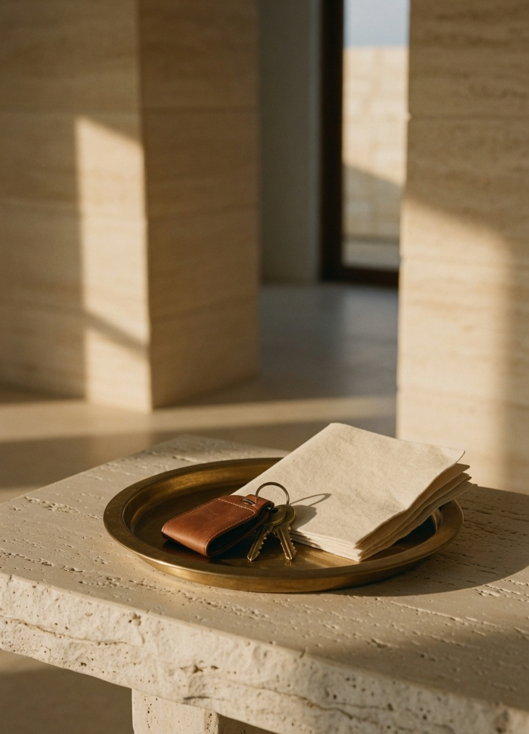 Apartment keys and a welcome note waiting on a brass tray