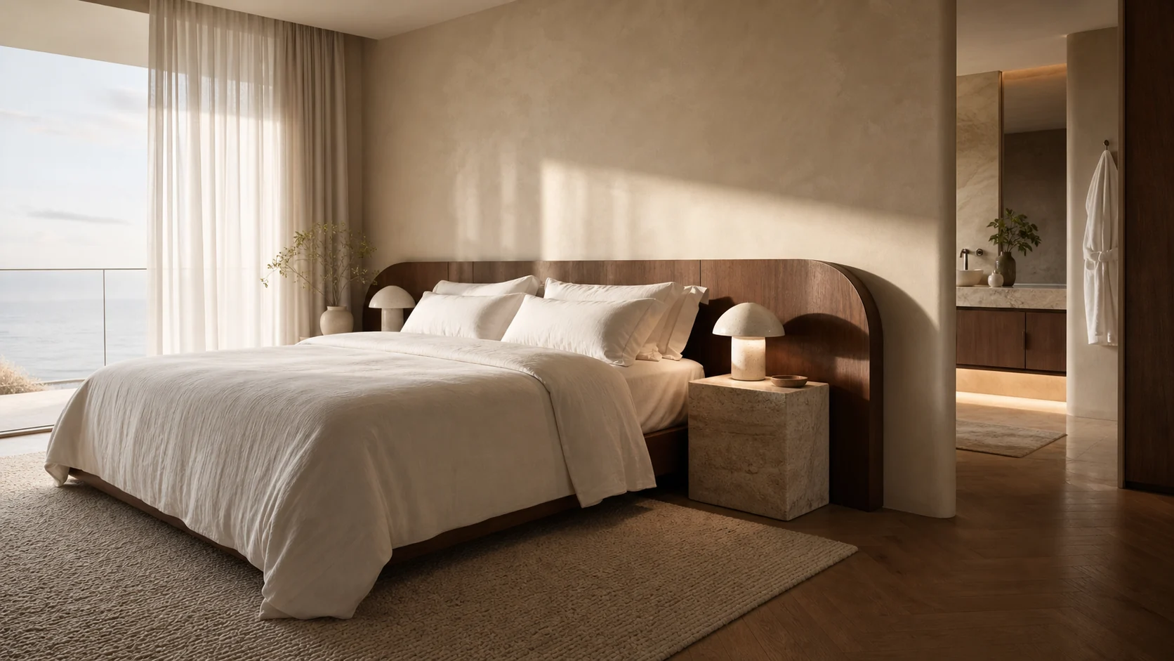 Editorial bedroom with an ocean-facing window