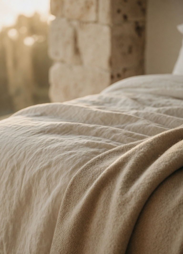 Cream linen and a folded throw in soft winter morning light