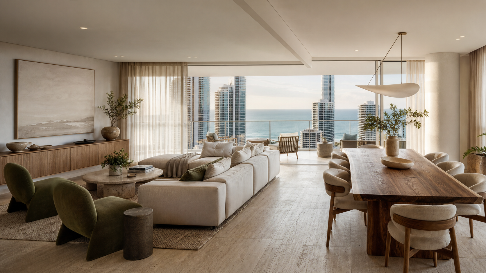 A spacious Paradise Stayz living and dining area opening to the coast