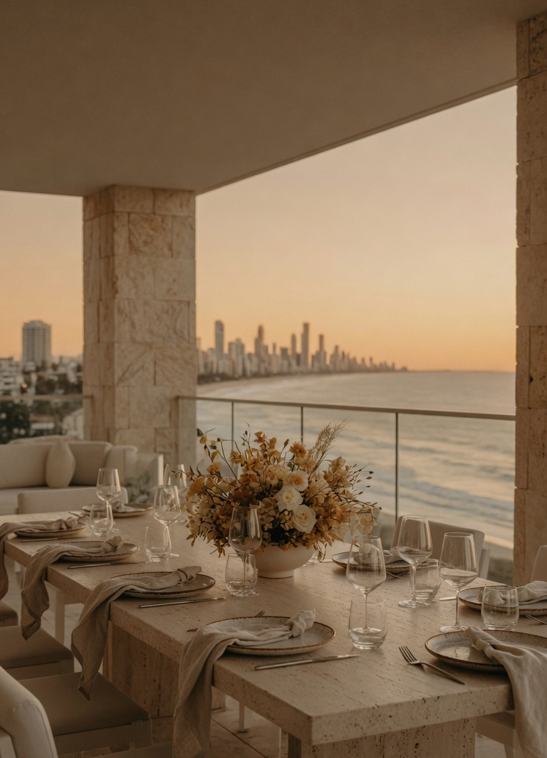 A terrace dining table set for a group celebration above the coast