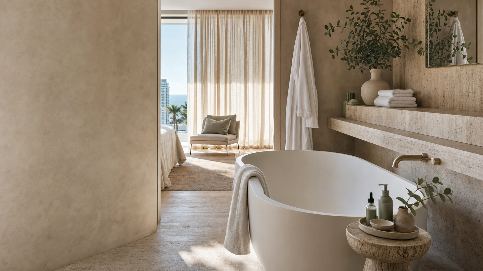 Sculptural bath in a warm stone interior