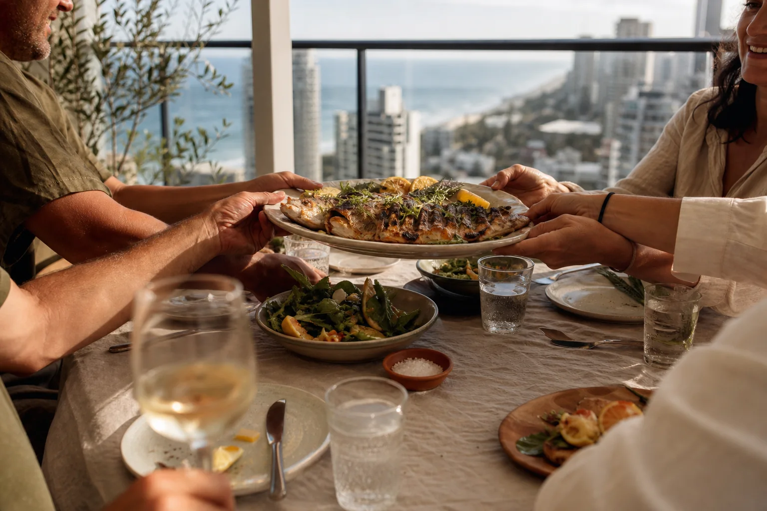 Friends sharing lunch above the Gold Coast